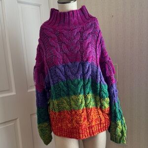 Colorblock Cable Knit Turtleneck Sweater - Multicolor
